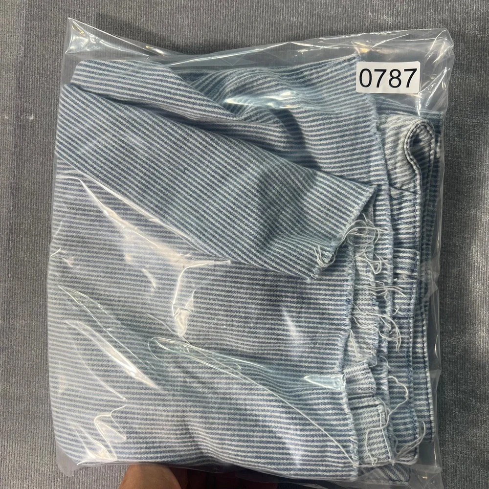 Seven7 Womens Utility Mini Skirt Size 14 Blue White Hickory Stripe Raw Hem Denim